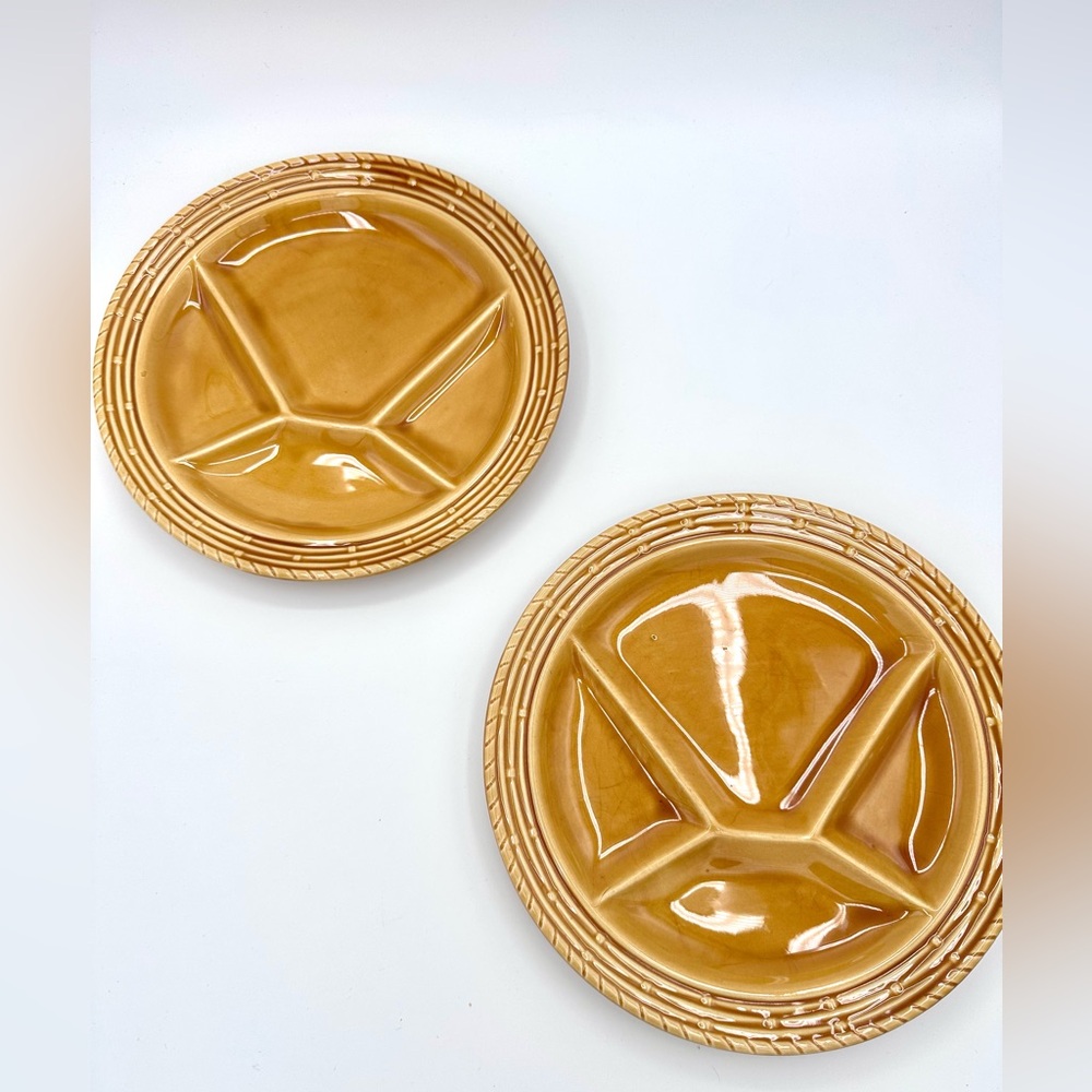 Set of 2 Sarreguemines of France Mustard Yellow 4 Section Grill Plates